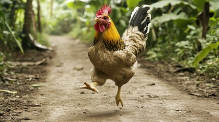 Energetic Rooster Struts Down a Dirt Farm Path Amid Lush Greenery and Sunlight