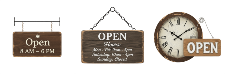 Set of vintage wooden open signs for retail business with opening hours and classic wall clock isolated on white background.