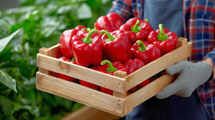 a person holding a wooden crate with vibrant red bell peppers in an outdoor garden or greenhouse