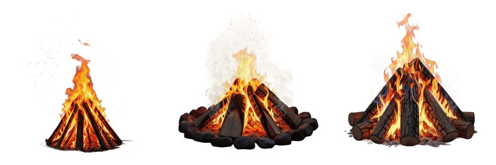 Set of realistic burning bonfires with orange flames and wooden logs isolated on white background. © Soor