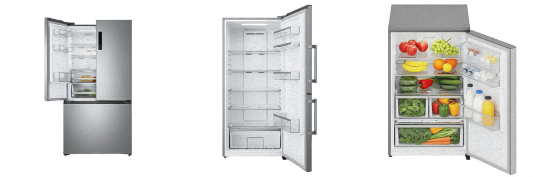 Set of modern stainless steel refrigerators with open door showing fresh fruits and vegetables isolated on white background.