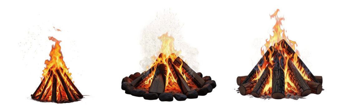 Set of realistic burning bonfires with orange flames and wooden logs isolated on white background.