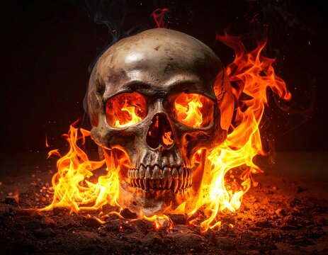 A skull surrounded by flames with fire visible through its eye sockets