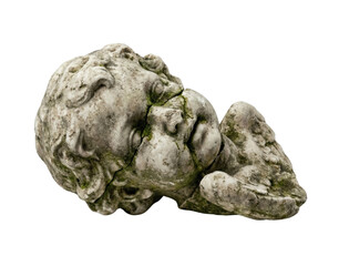 Fototapeta premium Broken stone cherub head statue with moss isolated. Ancient sculpture ruin.