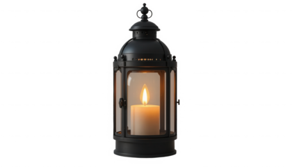 Detailed view of a rustic black metal lantern housing a glowing electric pillar candle with a flickering flame on transparent background