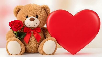 Cute teddy bear holding red rose and heart