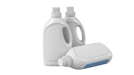 Three White Plastic Detergent Bottles with Blue Accents