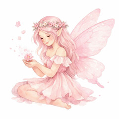 Pink fairy girl wing flower watercolor illustration pastel, gentle fantasy character with floral crown and long hair, holding blossom, soft dreamy style, isolated on white background