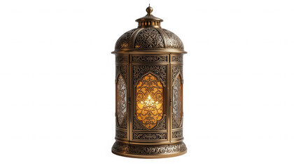 Intricately designed antique brass Islamic lantern featuring ornate metalwork and a warm glowing candle flame on transparent background