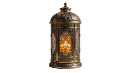 Intricately designed antique brass Islamic lantern featuring ornate metalwork and a warm glowing candle flame on transparent background