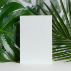 Blank card paper mockup tropical leaf monstera palm leaf minimal copy space, white textured stationery framed by green foliage, calm natural template for branding, invitation, poster