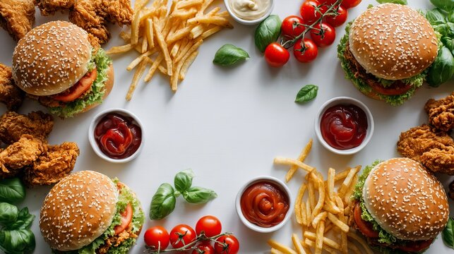 Fast food frame with burgers fried chicken french fries and sauces around blank copy space center
