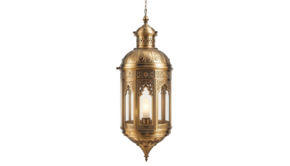Ornate antique brass hanging lantern featuring intricate arabesque detailing and a warm internal candle light on transparent background