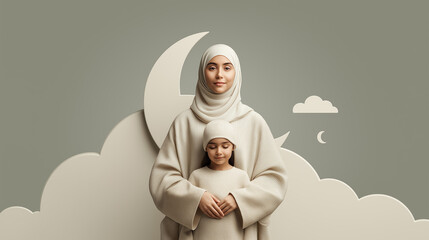 Emirati Gulf Arab Woman with Daughter in Traditional Dress Welcoming Ramadan Isolated on Bright Flat Background