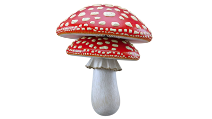 Two stacked red and white Amanita muscaria mushrooms