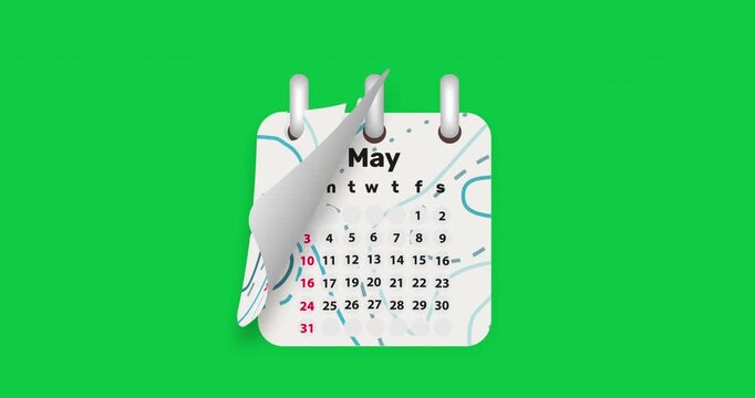 Calendar for 2026 new year from January to December flipping through month. Close up of flipped calendar page change on green. Time concept. Chroma key. 4k video graphic motion