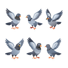 A cute nature collection and vector set of birds featuring a flying duck, sparrow, owl, and dove illustration with animal wing icons in a cartoon drawing art style isolated on white