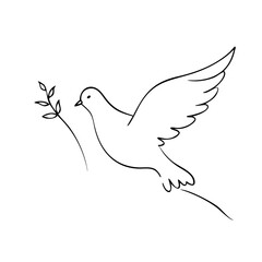 A vector illustration of a flying white dove of peace, a symbolic bird and holy spirit with spreading wings representing freedom, hope, and love in a clean cartoon silhouette art design