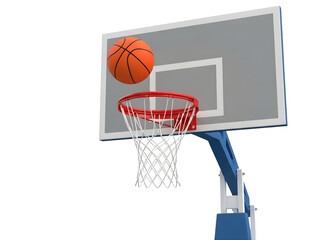 Fototapeta premium Basketball hoop with ball going through red rim and net isolated on transparent background 