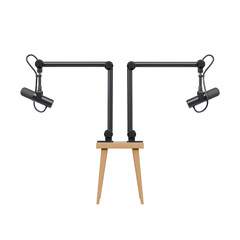 Symmetrical front view of two black studio microphones on adjustable boom arms mounted to a central wooden table. Professional audio equipment for interviews. © pikopixel