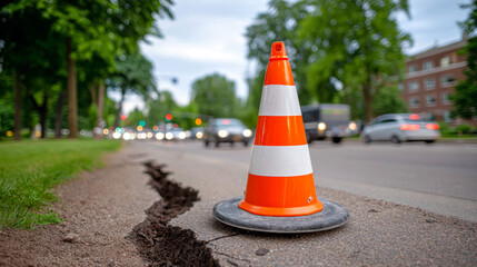 orange traffic cone sits on a cracked sidewalk next to a busy street with blurred cars, suggesting repairs or hazard