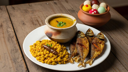 Traditional bengali bhapa ilish with mustard dal and fried fish