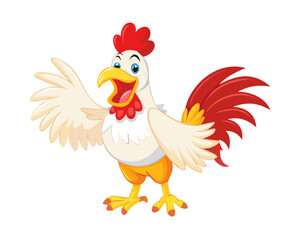 A cute cartoon rooster illustration featuring a funny farm animal character with colorful feathers and a beak isolated on a white background as a happy poultry vector drawing