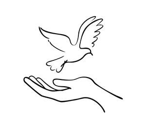 A holy peace dove flies from a person's hand in this vector illustration, symbolizing freedom and love with a silhouette of bird wings and a nature branch art design icon