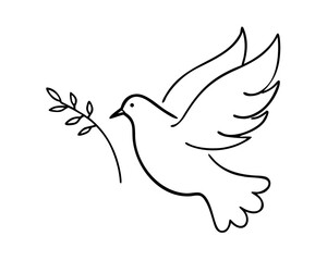 Vector illustration of a flying white dove of peace and freedom with a branch, featuring a simple bird silhouette and wings in a cartoon art design icon