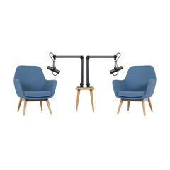 Modern podcast studio setup with two blue armchairs facing a center table with dual microphones on boom arms. Symmetrical front view for interview layouts. © pikopixel