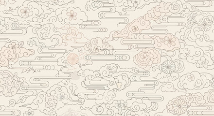 Elegant asian seamless pattern with traditional clouds and delicate floral motifs. © Yousha Jajan