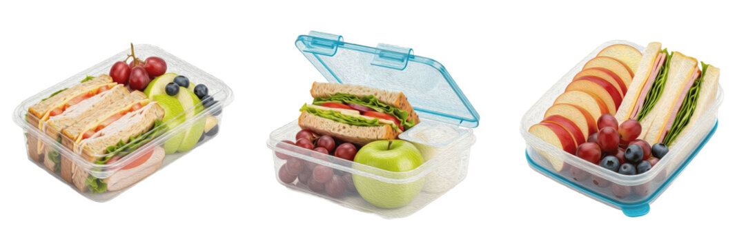 Set of healthy lunch boxes with sandwiches, fresh fruits, and snacks isolated on white background, school and office meal concept
