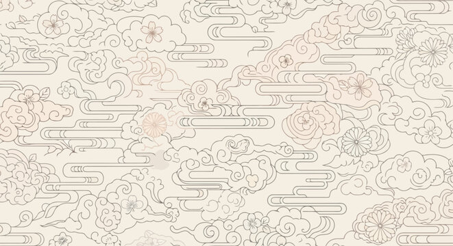 Elegant asian seamless pattern with traditional clouds and delicate floral motifs.