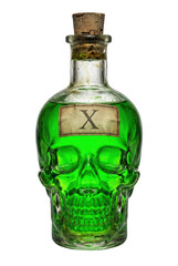 Green poison potion in skull glass bottle isolated. Halloween toxin concept.