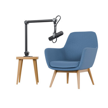 a blue armchair and podcast mic on a boom arm mounted to a wooden side table. Modern recording studio setup for solo broadcasts.