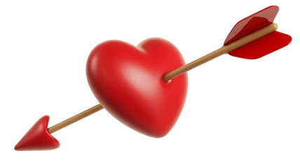 Red 3 D Heart Pierced by Wooden Arrow with Red Tip on transparent Background
