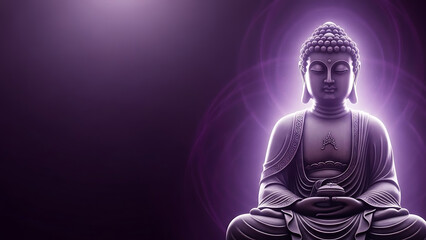 Serene buddha statue in meditation pose with purple aura
