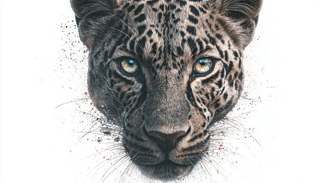 Epic tattoo design of a hyper realistic leopard w/ street art elements, colored, on a white background