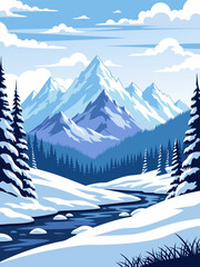 A serene winter landscape vector illustration showcasing majestic snow-capped mountains, a frozen river, and pine trees under a clear blue sky © DOLARRIZ JHON