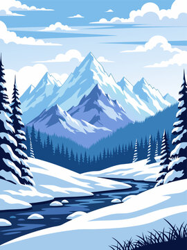 A serene winter landscape vector illustration showcasing majestic snow-capped mountains, a frozen river, and pine trees under a clear blue sky