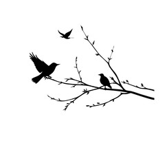 A black bird silhouette sits on a winter tree branch against a white abstract sky illustration featuring isolated snow and blossom patterns