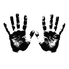A grunge red ink handprint vector silhouette featuring a child's palm and fingers as a creative art symbol of human identity on a clean white background