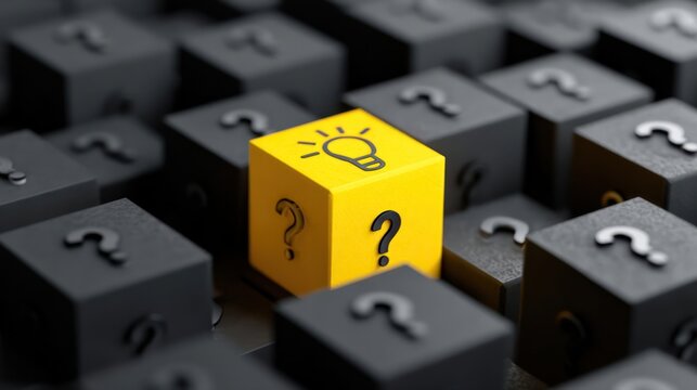 A bright yellow cube with a lightbulb icon surrounded by black cubes with question marks, symbolizing innovation and creative thinking