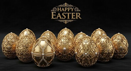 Happy Easter with Elegant Golden Decorative Eggs on Dark Background