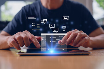 A man interacts with ai technology futuristic digital mobile device. Hands touch screen displaying complex data networks. Digital connections, tech details highlight modern tech, global connectivity