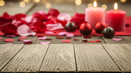 Romantic valentine's day setup with candles and rose petals