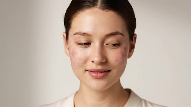 Close-up of a young woman's face with noticeable acne, looking towards the side with a slight smile
