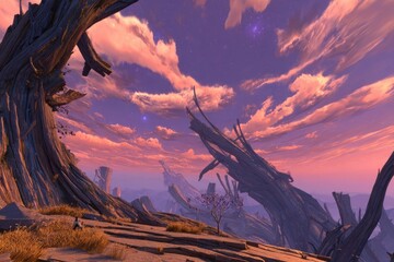 Pixelated Fantasy Sunset Landscape With Twisted Trees