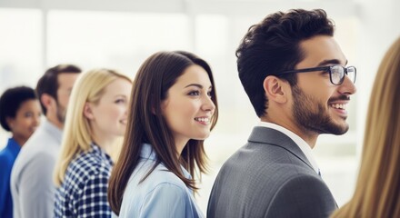 A diverse group of business professionals standing in a row, smiling and engaged in conversation.