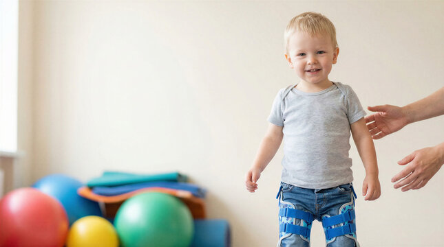 Toddler boy wearing orthopedic leg braces standing in rehabilitation clinic during physical therapy session